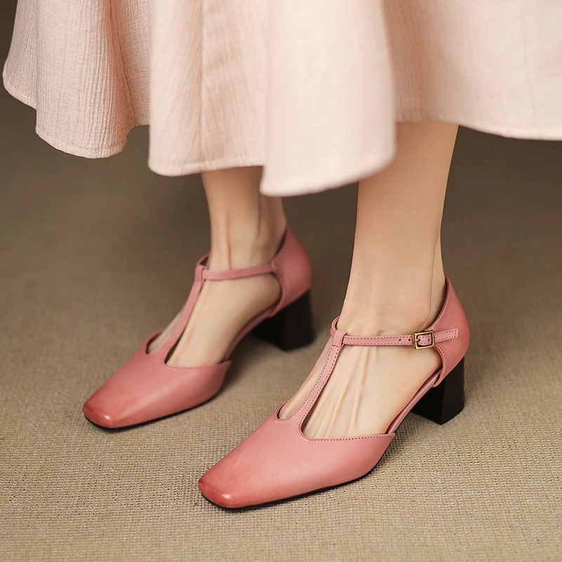 【RISE】跟高5.5cm复古牛皮高跟鞋T字带粗跟真皮半包女夏单鞋