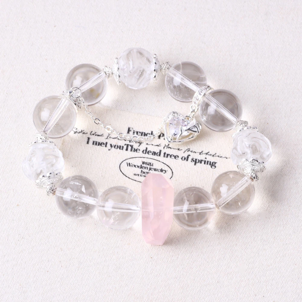 [如初之境]天然白水晶手串粉晶随形设计感大颗粒手链L611