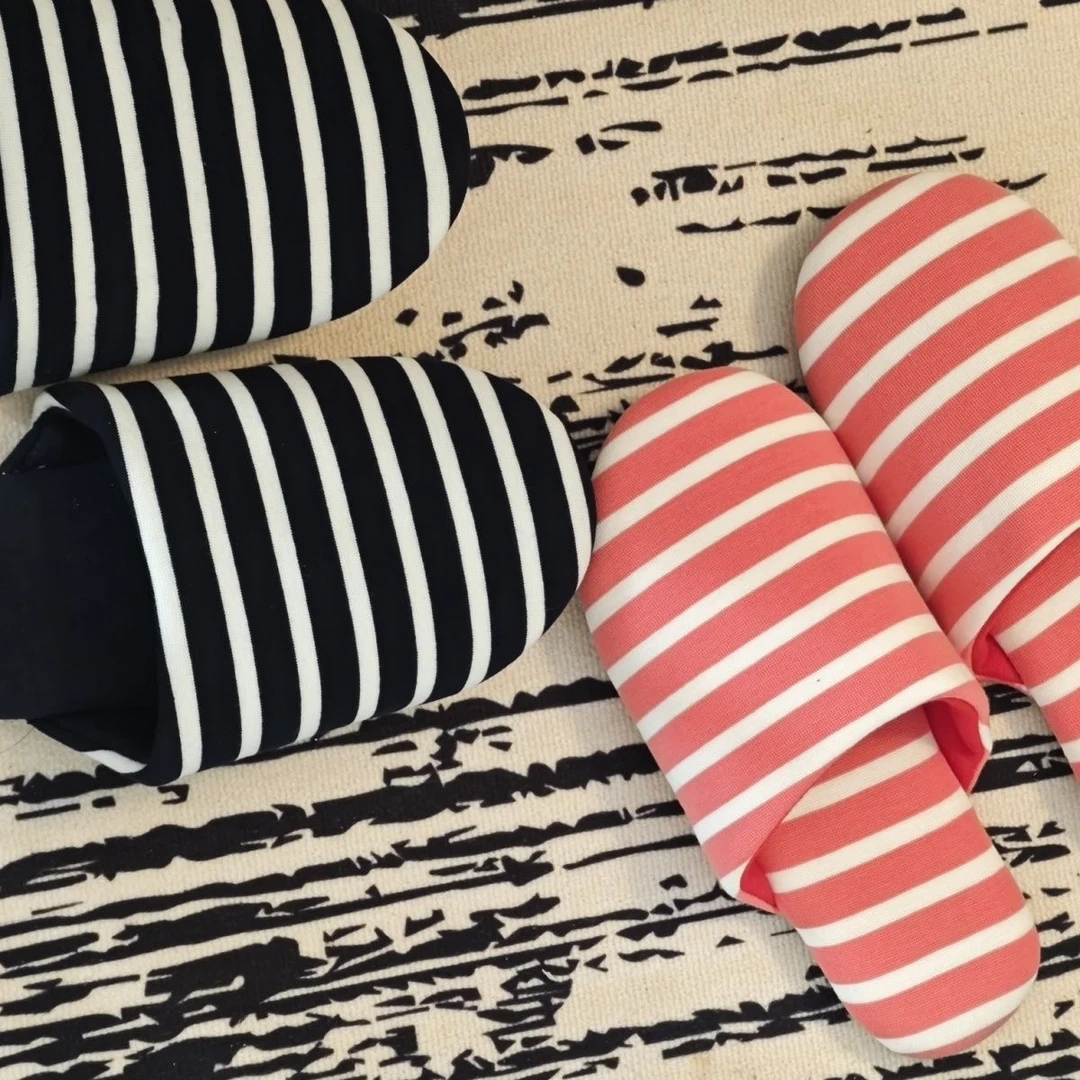 日式条纹防滑软底棉拖鞋情侣室内居家木地板适用