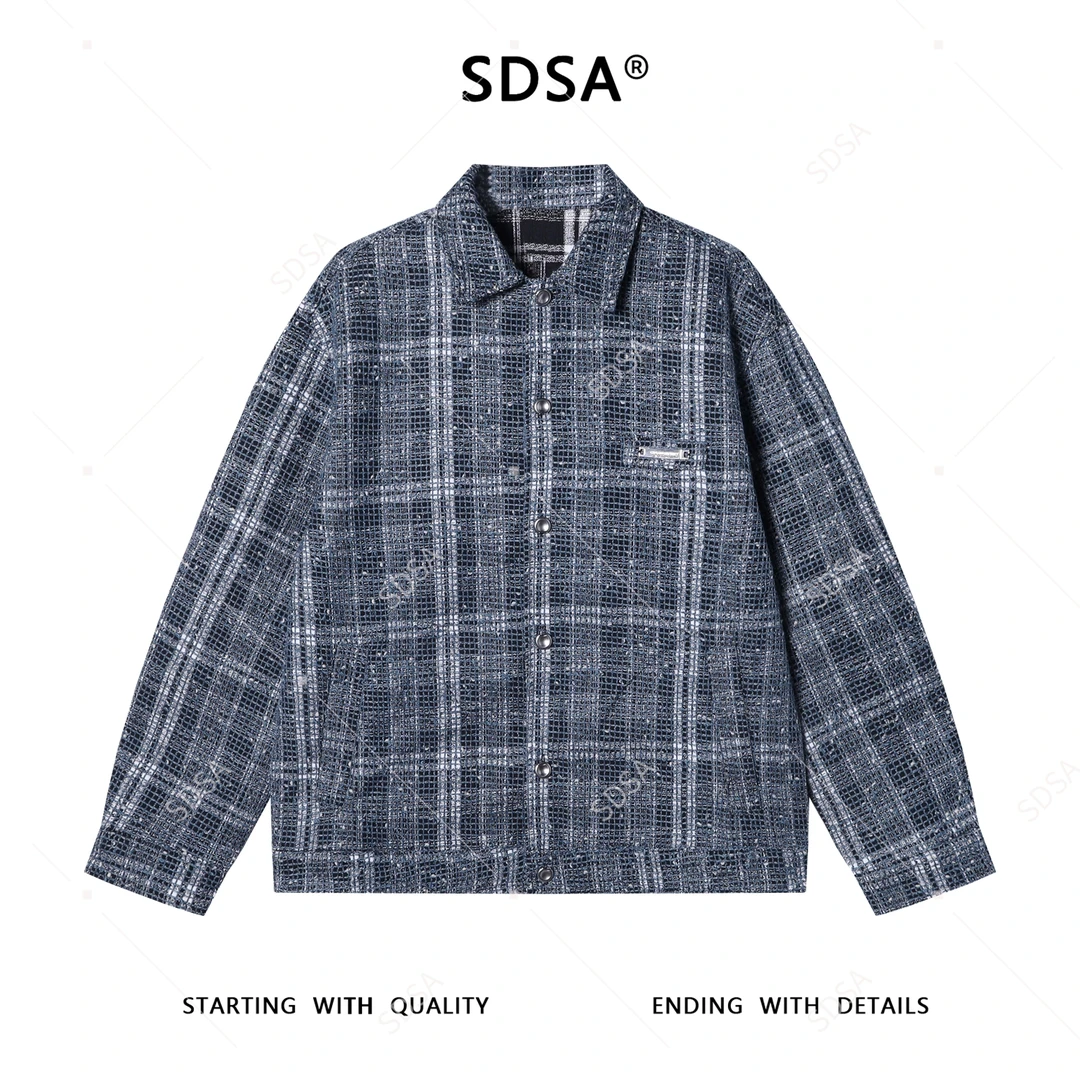 SDSA男士秋冬新款痞帅男装潮牌网格格纹设计纽扣翻领夹克百搭时尚