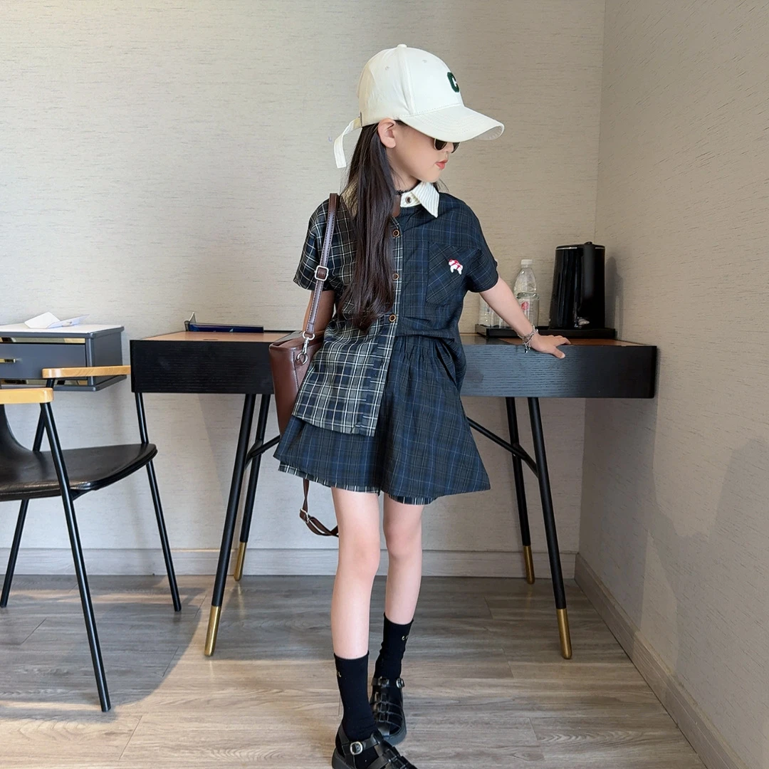 女童2025夏季韩版宽松洋气格子衬衫两件套中大童个性短裤潮流套装