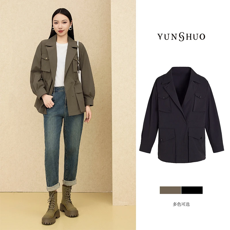 允硕春季新品时尚百搭气质休闲短款女风衣简约v领上衣外套466120