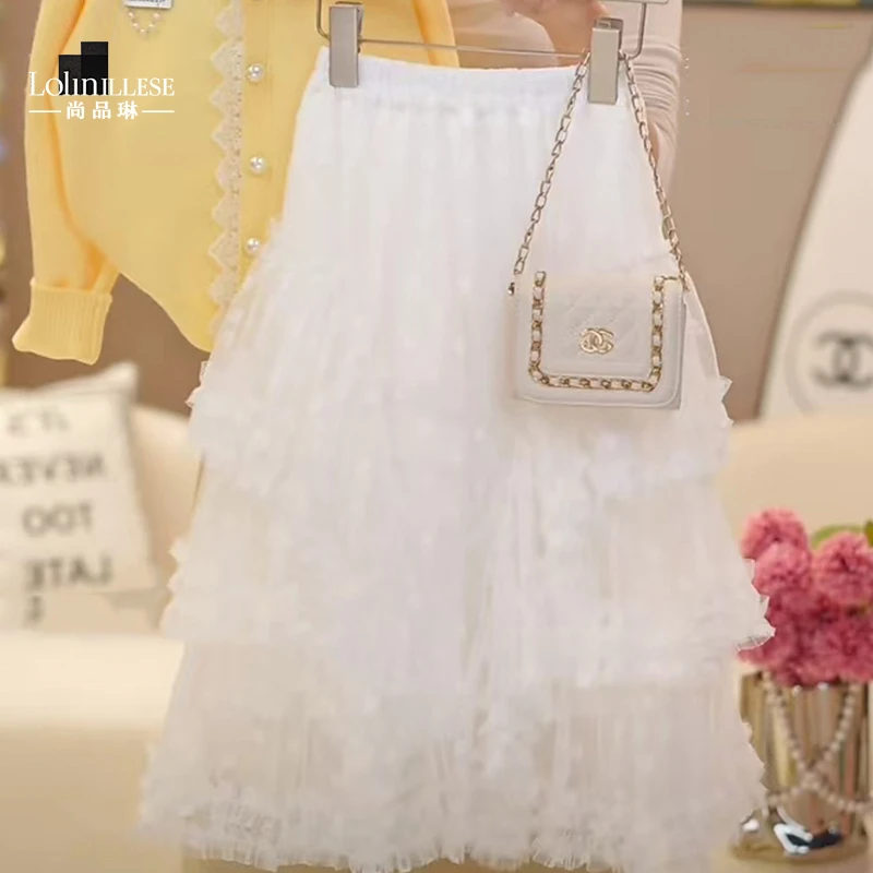 尚品琳2512白色蓬蓬蛋糕裙女春夏气质新款百搭显瘦网纱蕾丝半身裙