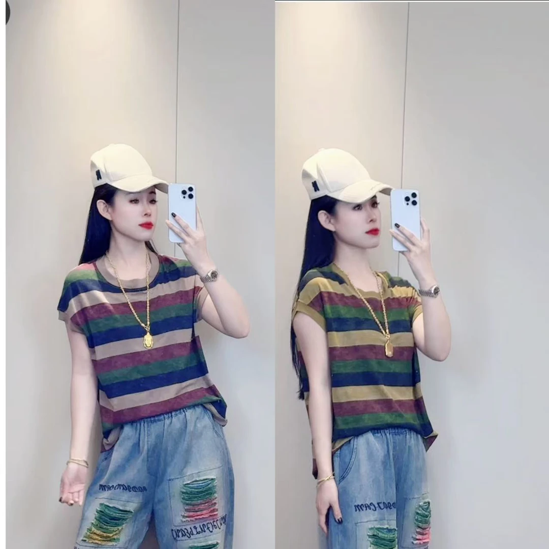 水洗个性彩条半袖，罗，