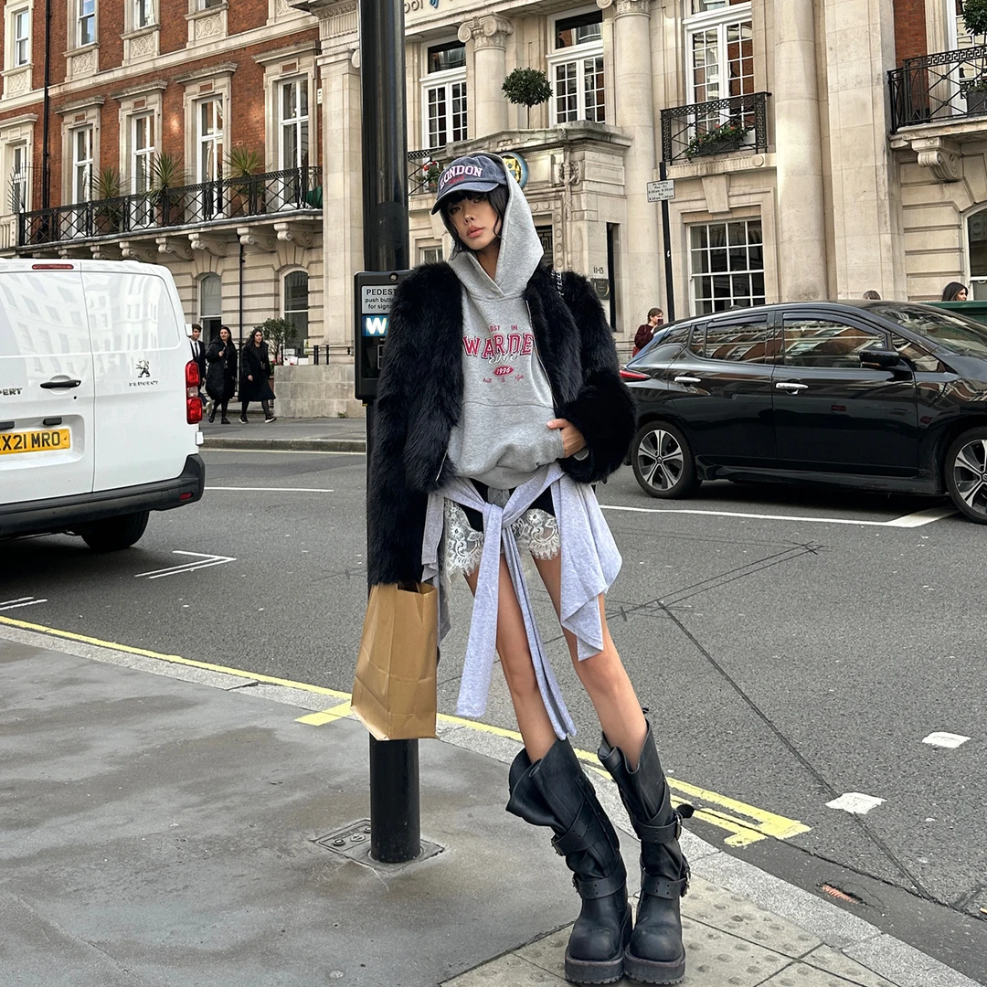 韩好甜WARDEN EDGE甜酷引力 灰色拼接半身裙女秋蕾丝花边绑带短裙