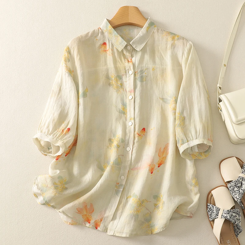 透气时尚宽松舒适上衣小衫女薄款数码印花高品质短袖翻领排扣衬衫