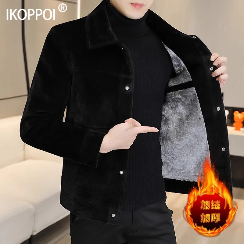 冬季加绒夹克男士仿水貂绒毛呢外套短款商务休闲帅气翻领工装上衣