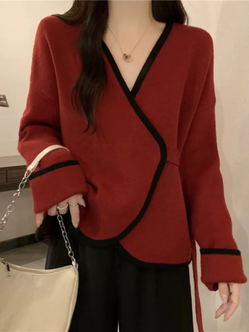 那简家 那简家 冬季韩系拼色边厚实毛衣外套