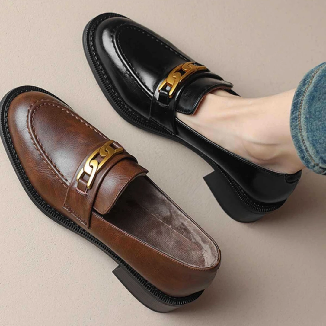 英伦风真皮乐福鞋女金属扣圆头小皮鞋复古粗跟单鞋