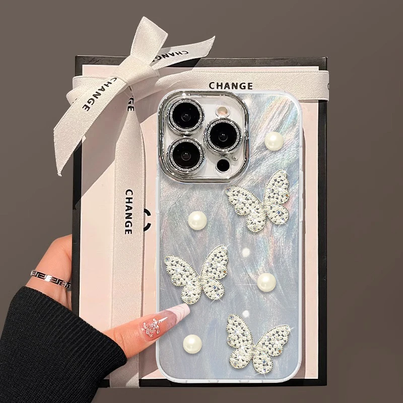 适用于苹果16立体珍珠蝴蝶手机壳oppo华为vivo个性简约流行高级感