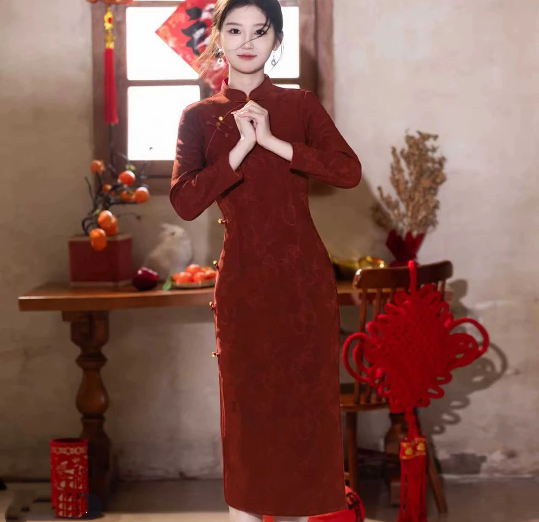 【暖意】旗袍秋冬加绒加厚弹力显瘦气质中长款裙子敬酒服礼服优雅女