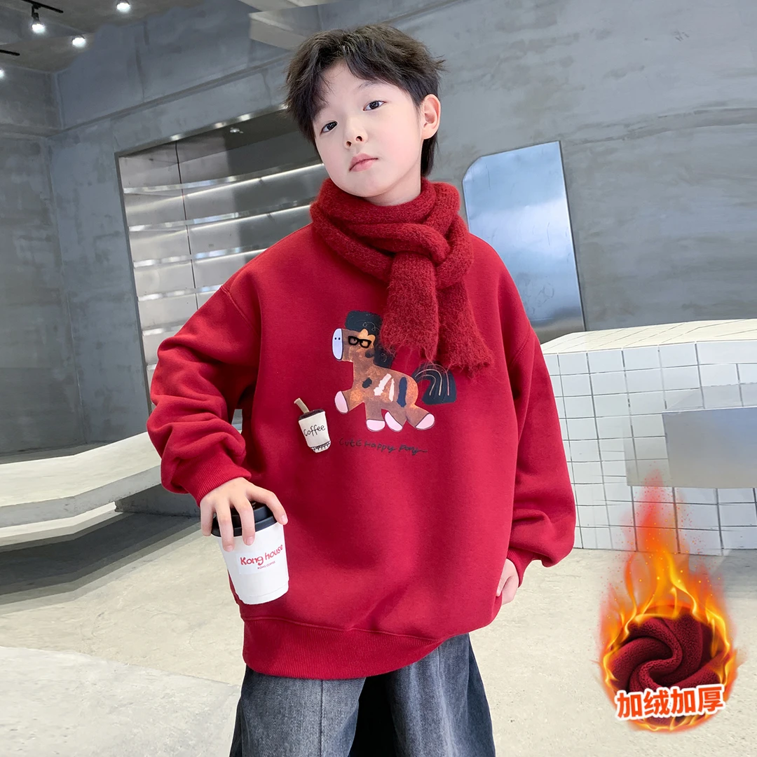 【喜庆卫衣】男童2026新款一体绒打底衫红色拜年服加绒加厚过年衣服