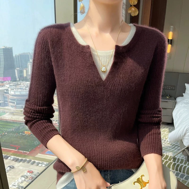 针织毛衣开衫圆领气质假两件宽松显瘦软糯打底衫