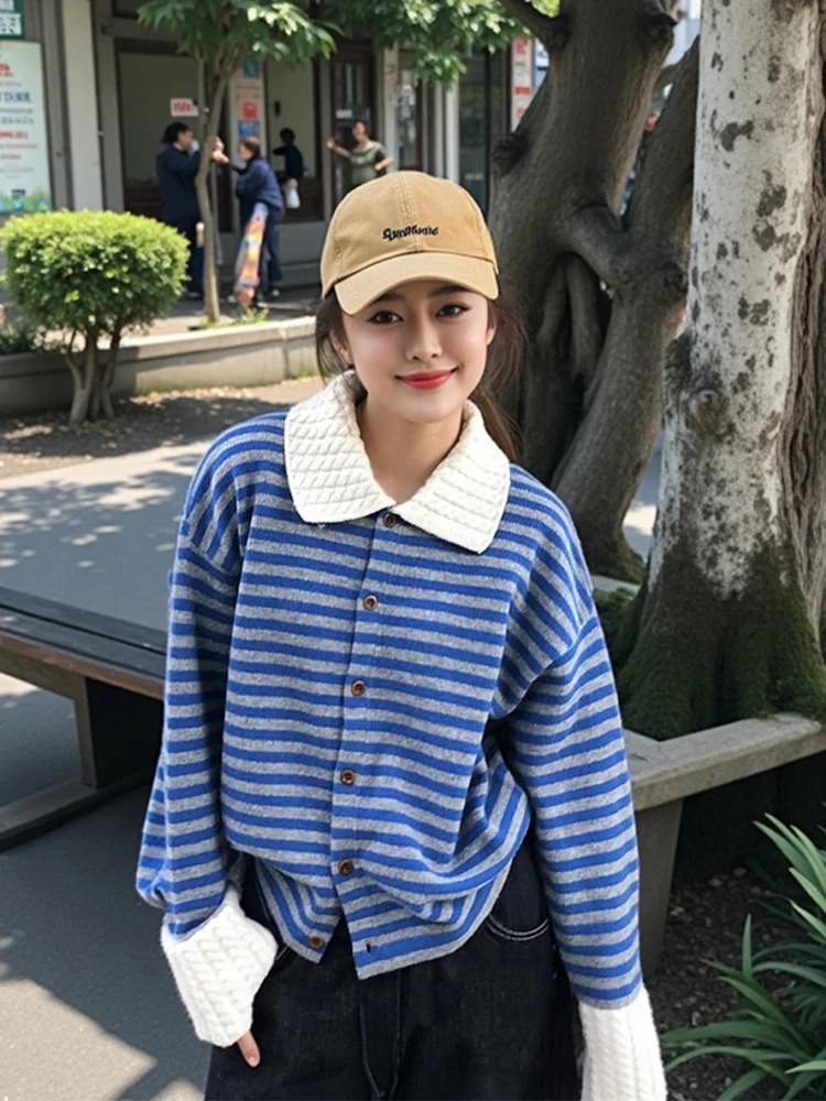 小香风条纹polo领长袖毛衣针织衫女早秋季慵懒松弛感穿搭毛衣秋冬