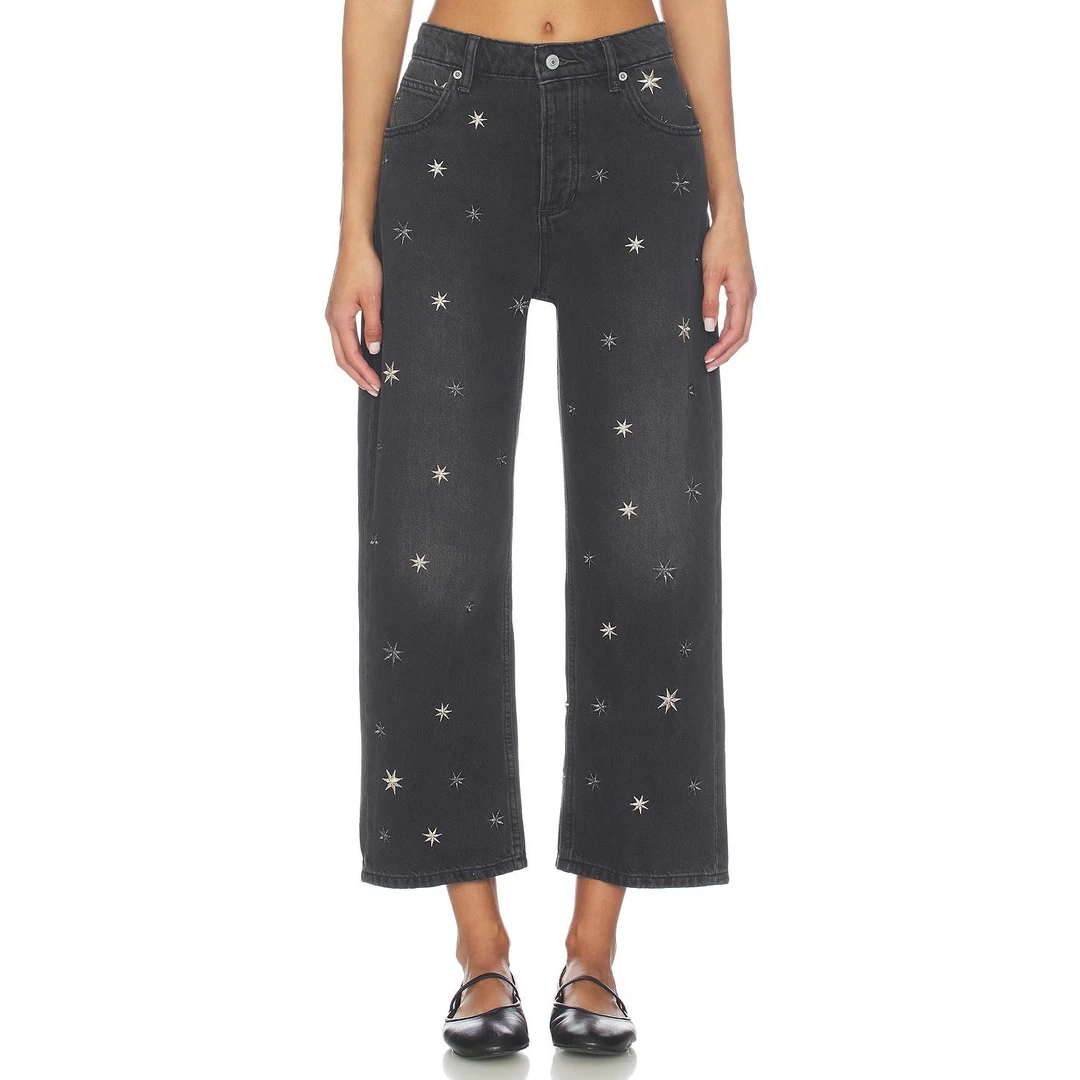 FREE PEOPLE DEEP TRANCE SHINE 刺绣男友风 黑色 牛仔裤