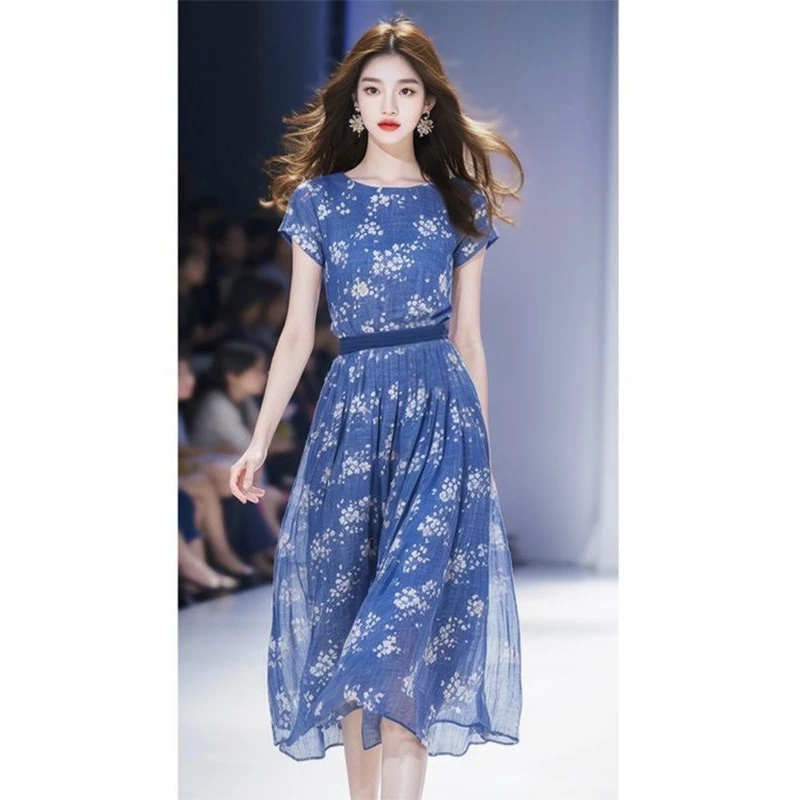 哥弟阿玛施正法式气质名媛高端女神范高级感别致绝美蓝色碎花雪