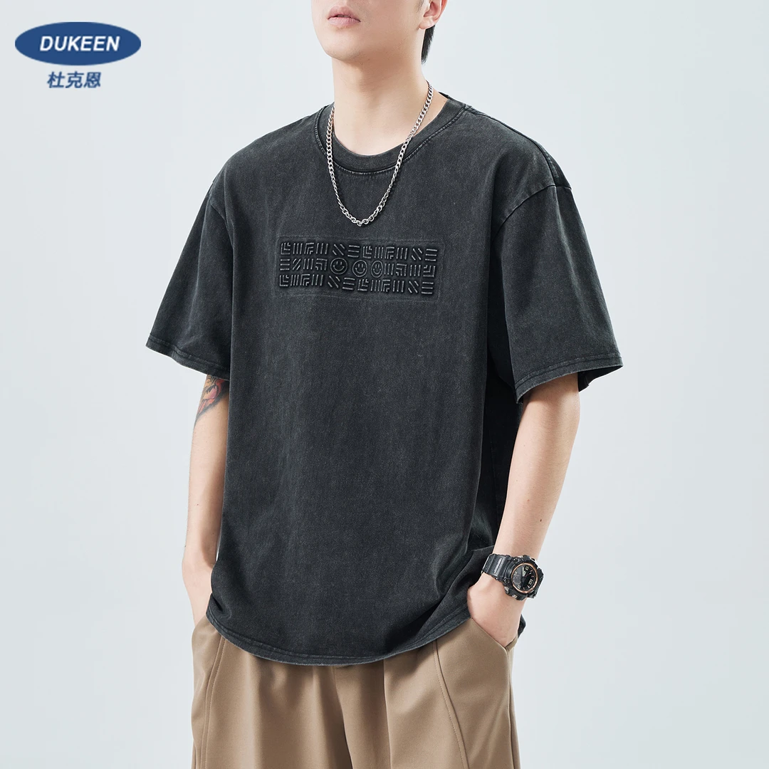 杜克恩美式重磅ins纯棉t恤男士短袖夏季复古印花正肩圆领体恤男款