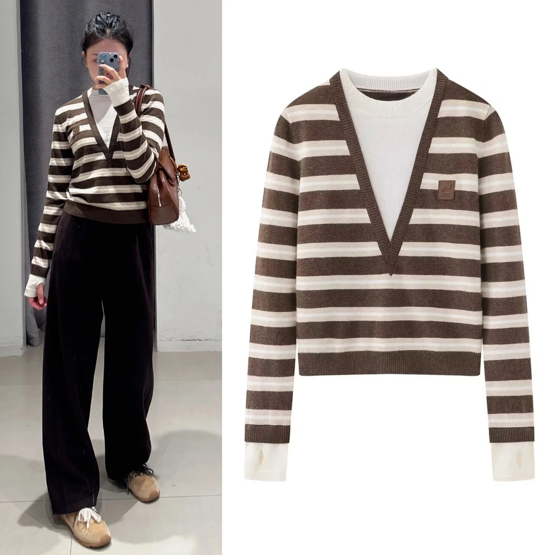 【复古条纹】2025复古撞色假两件条纹V领宽松针织衫2999