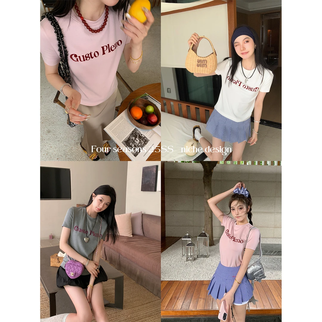 区区欧阳 字母印花短袖T恤女夏季修身显瘦设计感小众正肩圆领上衣