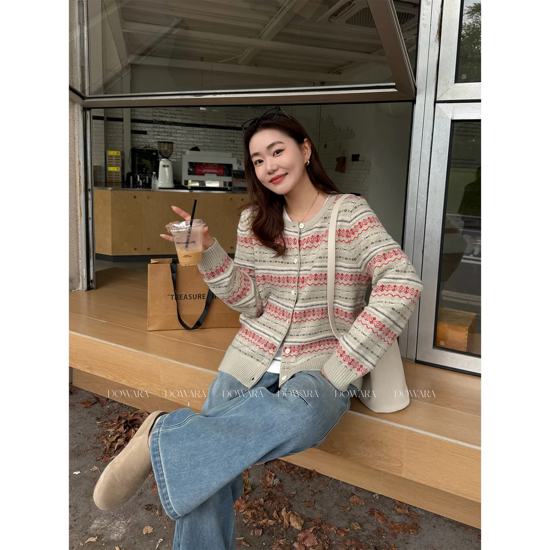 大婉酱微胖定制【春和绮梦】条纹针织开衫秋冬复古拼色毛衣女 2539D