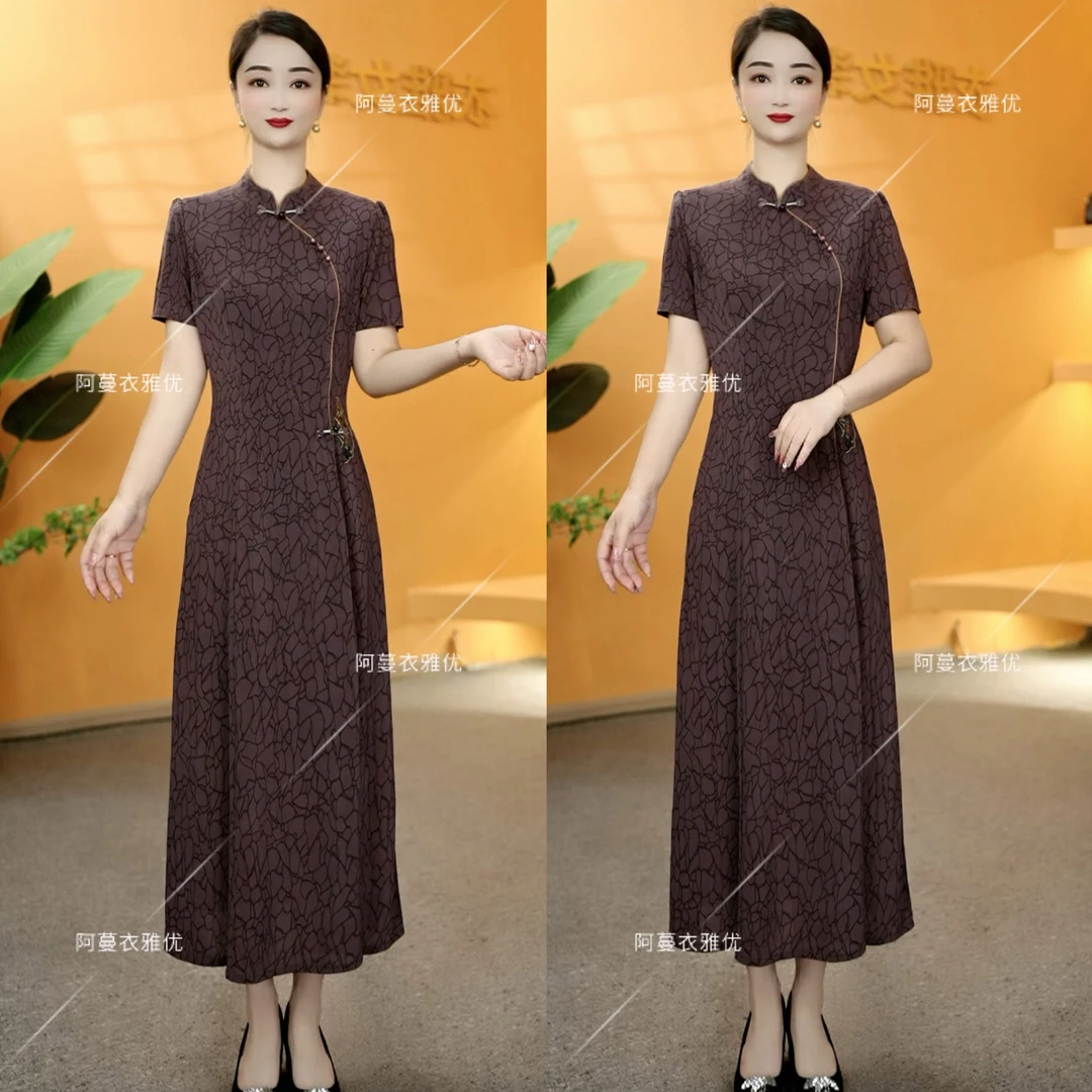 【衣雅严选】8222-2071#夏季新款丝光缎暗纹花刺绣款旗袍连衣裙