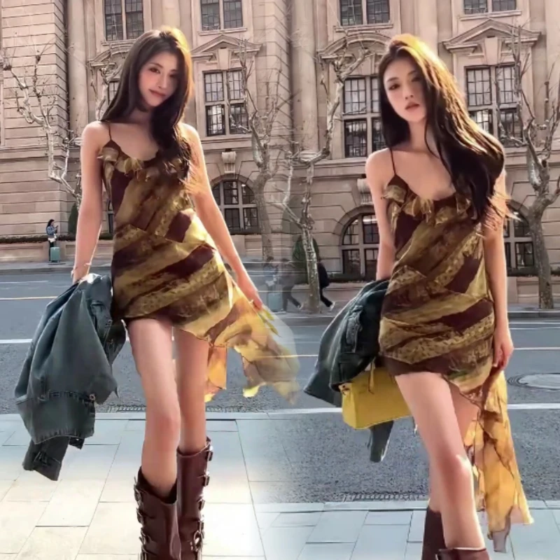 辣妹不规则前后两穿吊带连衣裙女夏新款小众设计感独特别致裙子