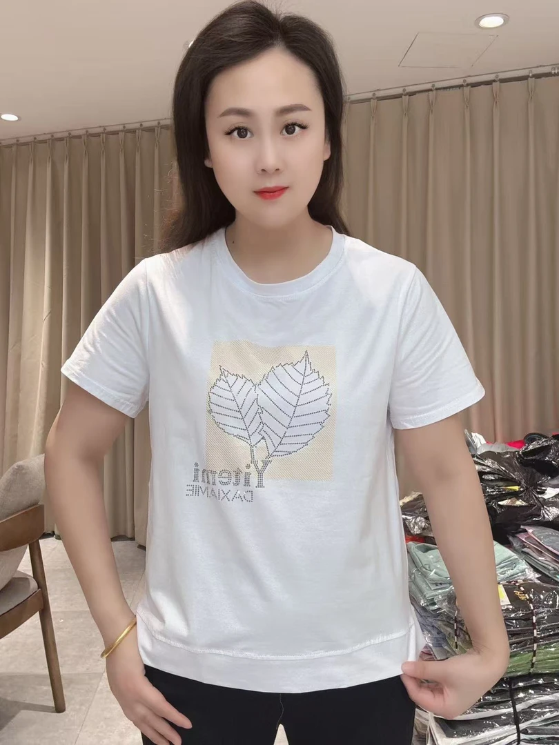 【尚品胖小妞】【叶子图案】2025百搭时尚夏季新款烫花短袖