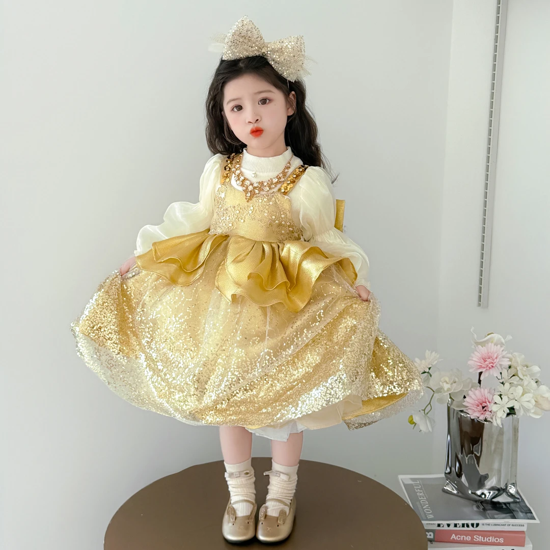 女童秋冬季连衣裙长袖套装财阀千金公主风礼服裙生日宴会花童女宝