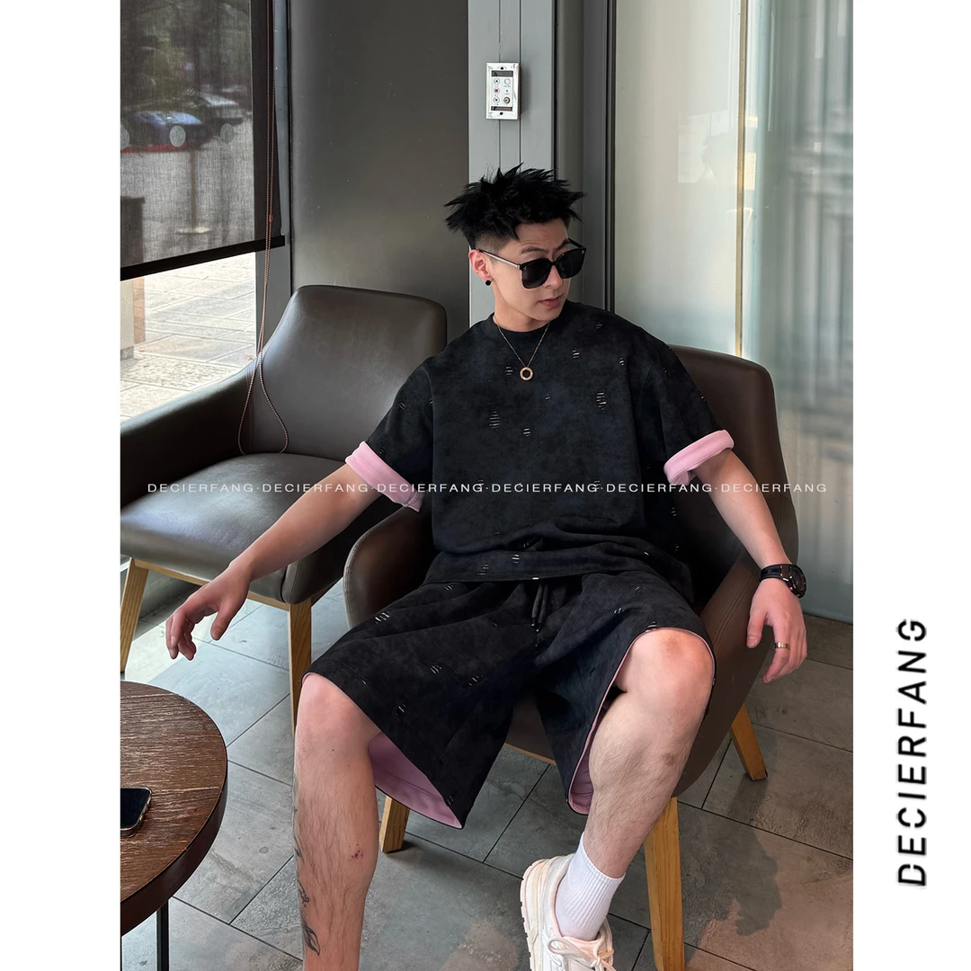 898289【定制特殊面料】夏季休闲轻奢极简撞色翻边短袖短裤套装男潮