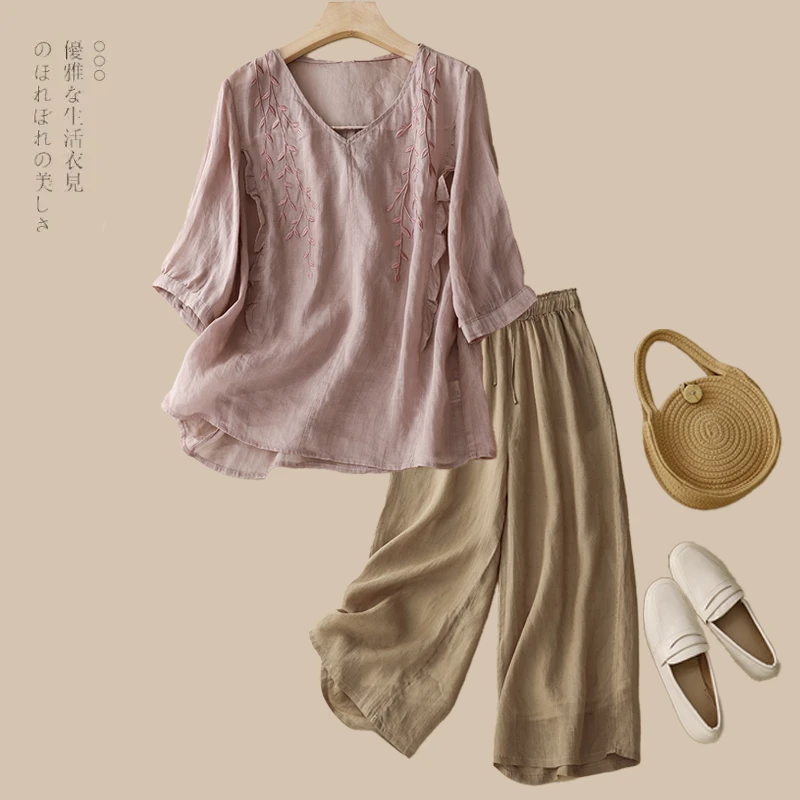 中老年妈妈装夏季亚麻套装女高端五分袖V领衬衫棉麻阔腿裤两件套