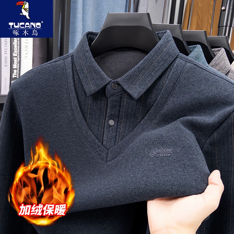 啄木鸟新款男士翻领长袖加绒加厚假两件Polo衫休闲百搭宽松保暖男