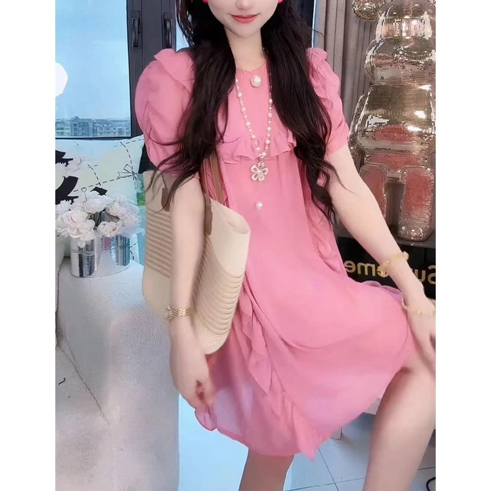 木耳边设计感短袖气质连衣裙女爆款减龄遮肚显瘦中长款裙子宽松