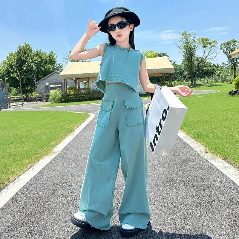 女童夏季薄款无袖休闲两件套2025新款儿童中大童纯色韩版网红套装