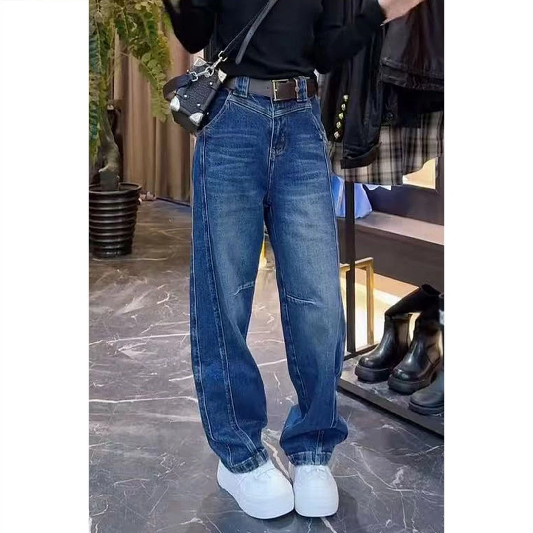 蓝色牛仔裤女士2025新款早秋爆款裤子高腰长裤显瘦时尚宽松阔腿裤