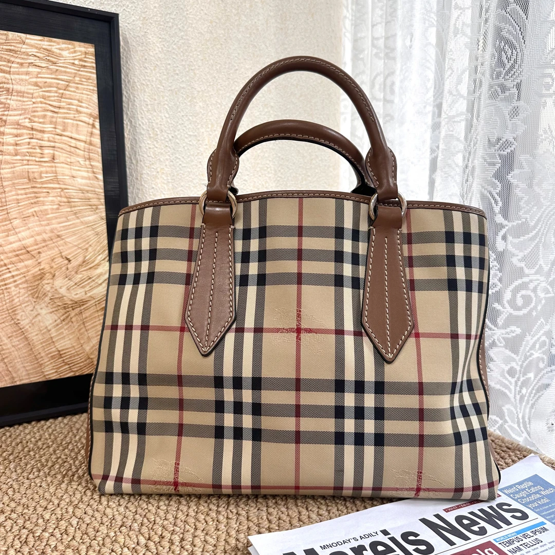 95新 BURBERRY/博柏利 XM/战马格纹拼焦糖手提单肩包/WJ01811029
