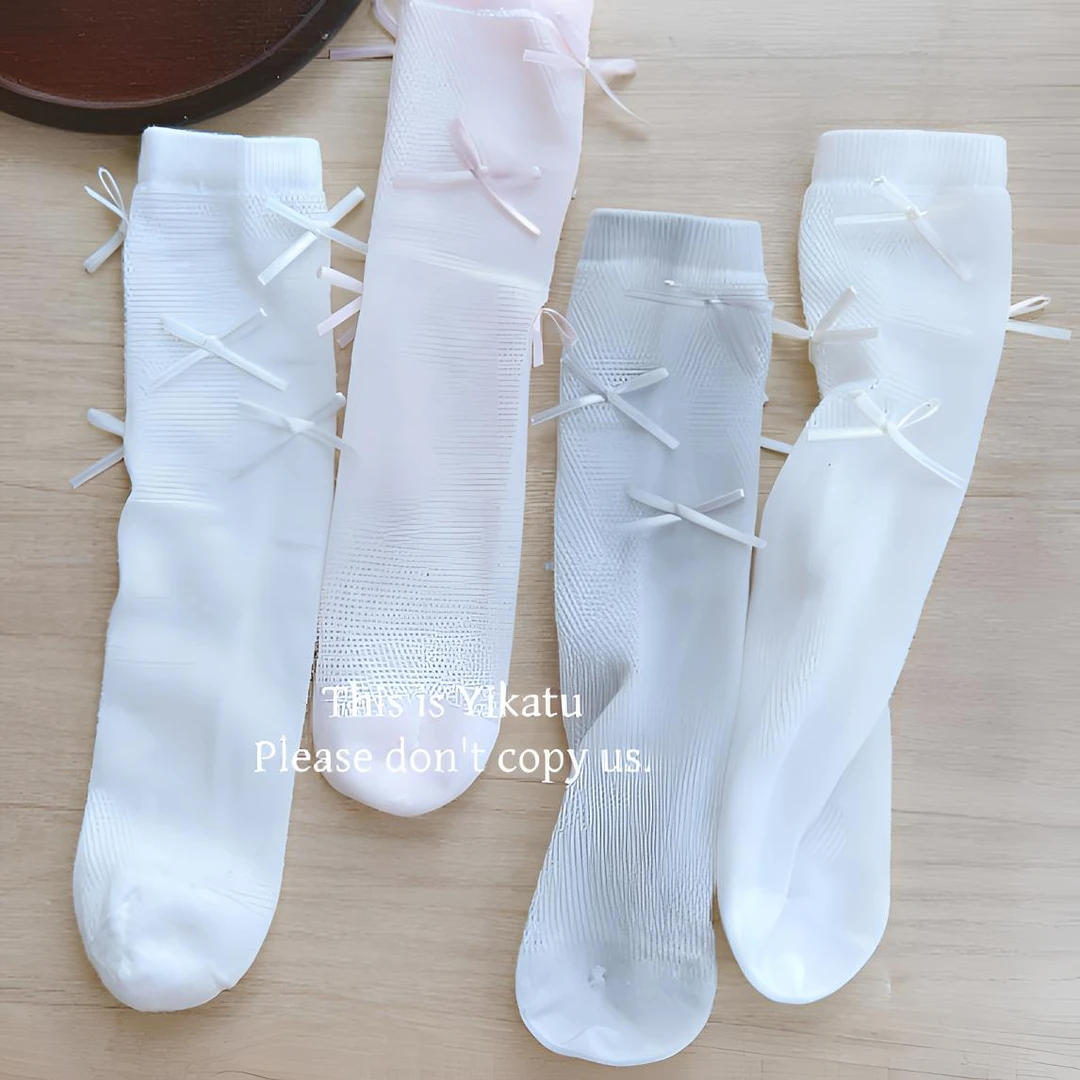 伊卡兔儿童袜子2025春款新款四色多蝴蝶结亲子袜无跟均薄款长筒袜