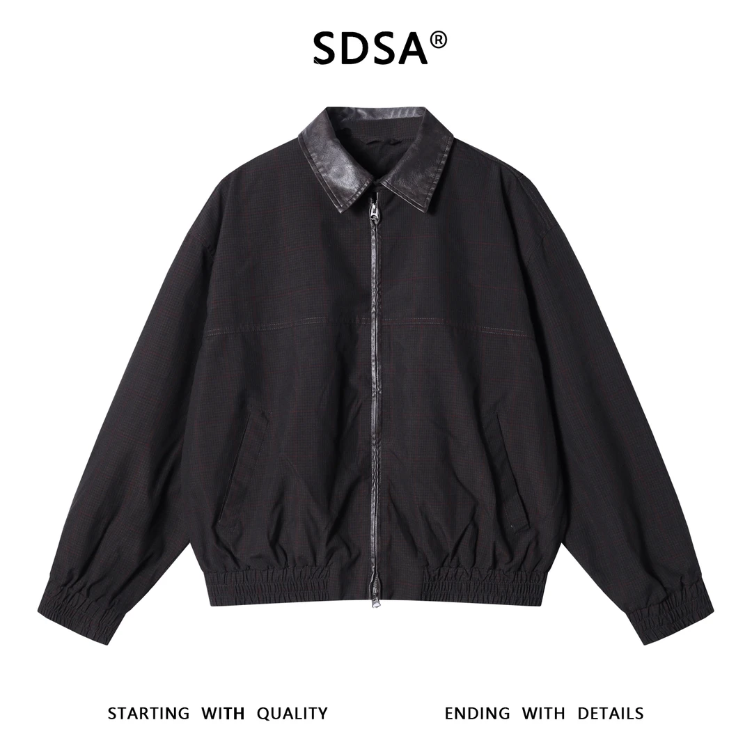 SDSA男士秋冬新款痞帅男装潮牌复古格纹拼皮翻领夹克外套百搭时尚