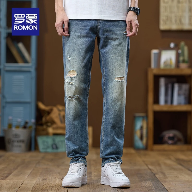 罗蒙男士复古修身直筒薄款牛仔裤2025夏季新款经典百搭舒适长裤男