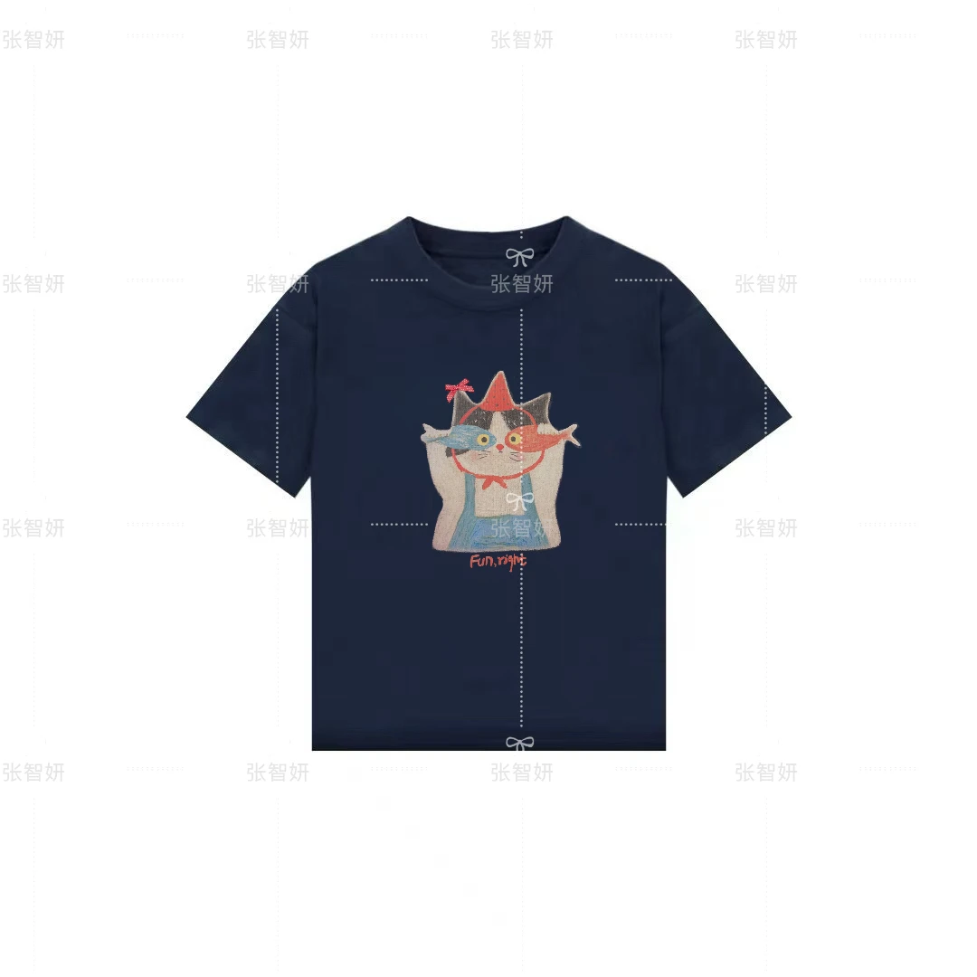 【小鱼眼镜猫】夏季时尚韩版卡通蝴蝶结小猫印花短袖T恤上衣