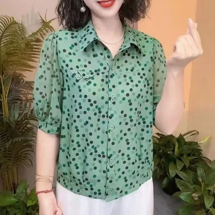 时尚妈妈短袖波点T恤夏季新款打底小衫女士宽松雪纺衫气质打底衫