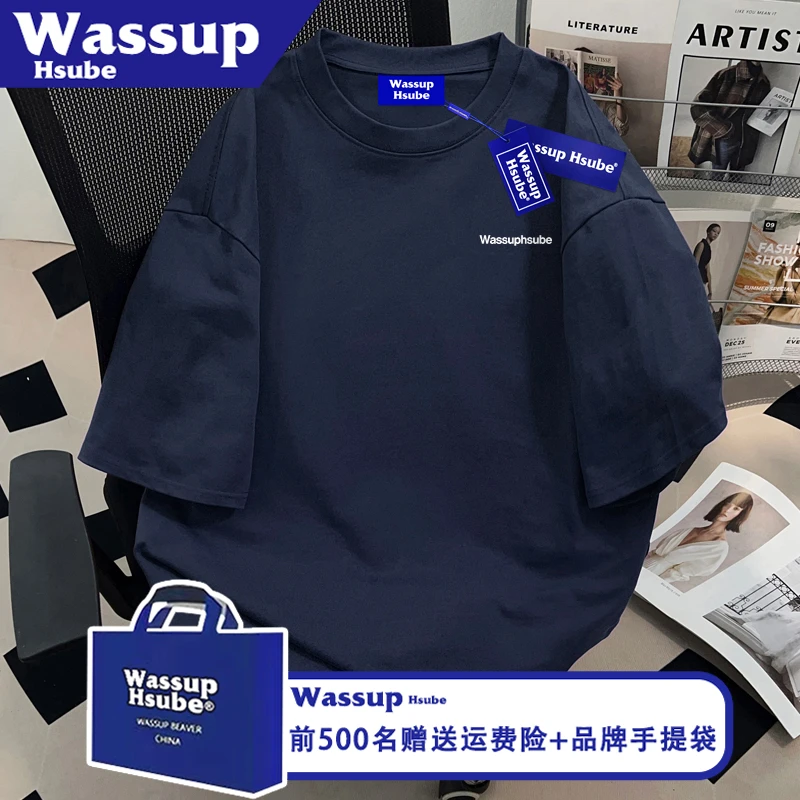 WASSUP HSUBE夏季潮流感T恤男女半袖ins藏青纯棉短袖美式字母印花