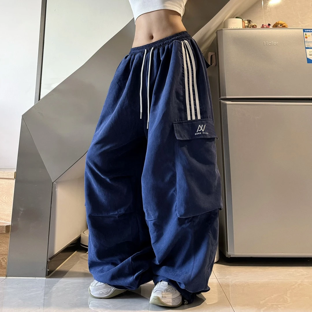美式高街嘻哈hiphop条纹工装裤男女同款宽松百搭阔腿休闲裤子