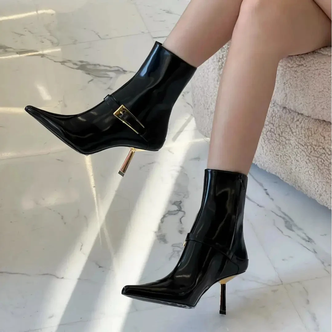 短靴女2025秋冬新款百搭黑色高跟尖头时装女靴细跟气质金条跟裸靴