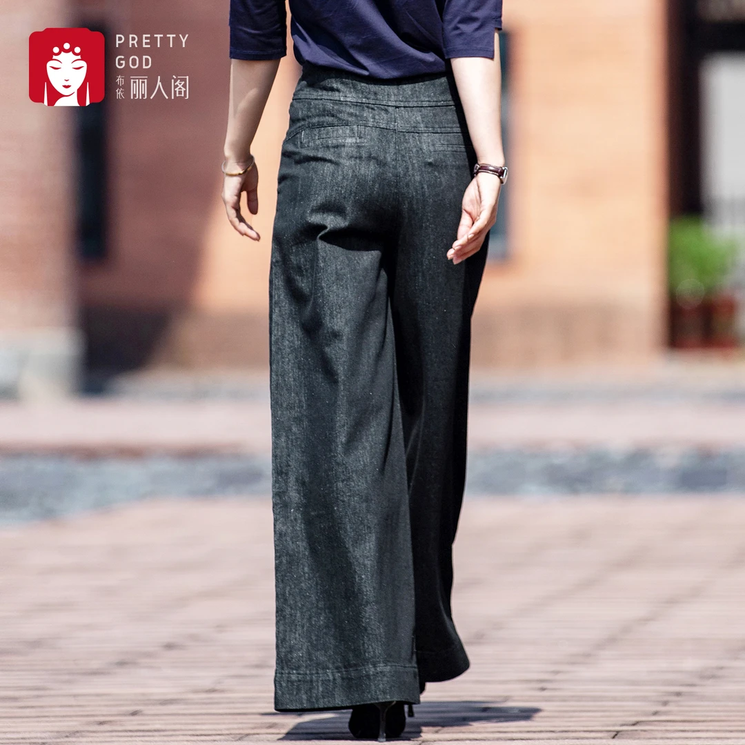 布依丽人阁女裤高腰牛仔阔腿直筒长裤子宽松大脚甩裤时尚不褪色黑