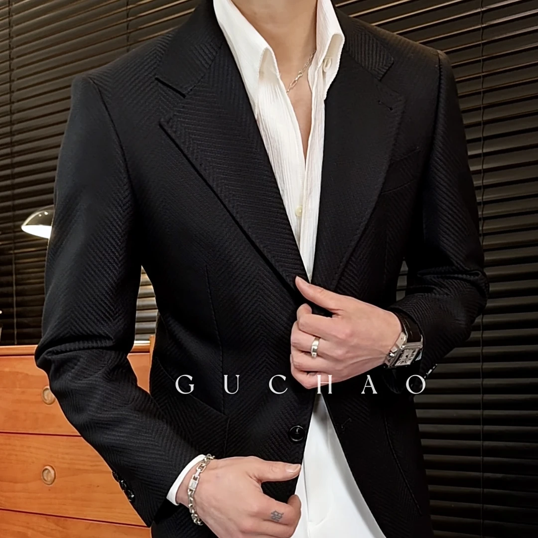 【Gc-古潮】--上新-男士轻奢单排平驳领纹理高级感西装外套-单西