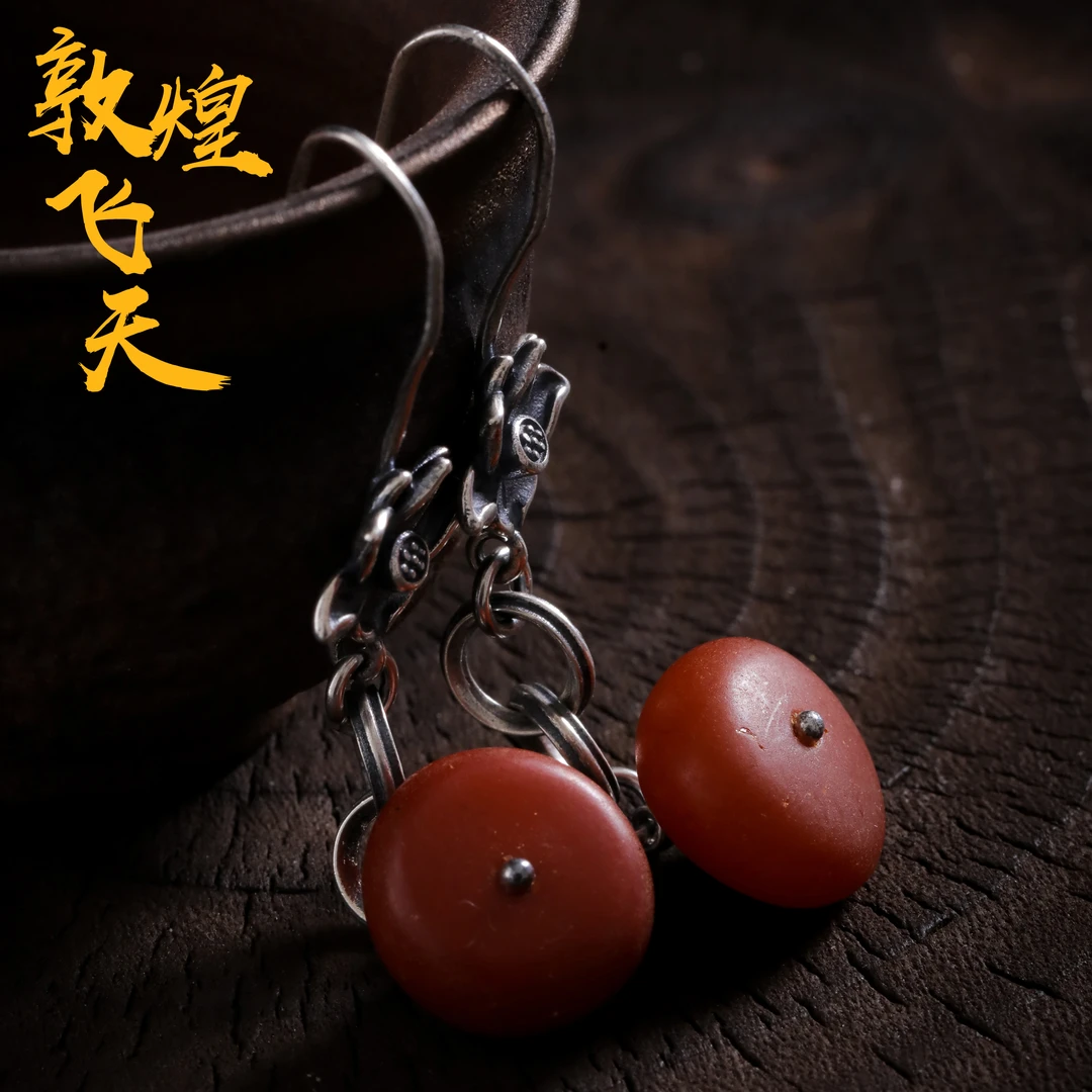 925银耳饰 E25103 红饼子莲花耳钩耳环新中式纯手工