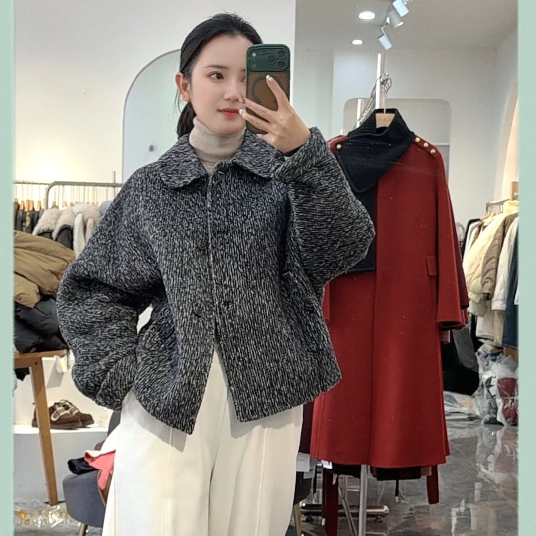 25026冬款高级宽松翻领单排扣插肩袖混色双面毛呢大衣