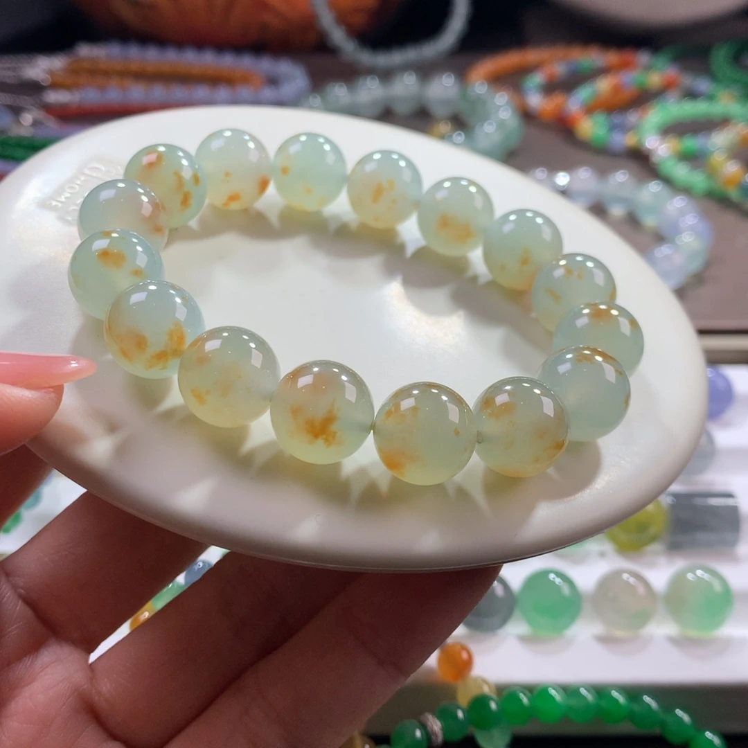 翡翠未镶嵌手链果冻胶青茶色飘枫叶红卡12➕