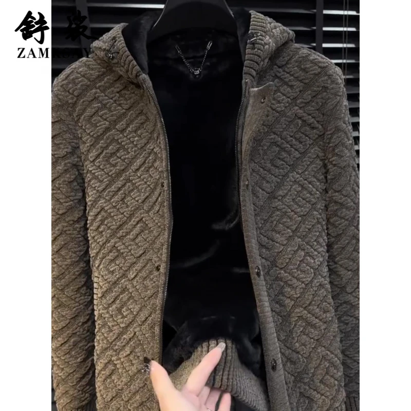 高端秋冬季新品男士加绒保暖连帽夹克外套轻奢高级感时尚百搭休闲