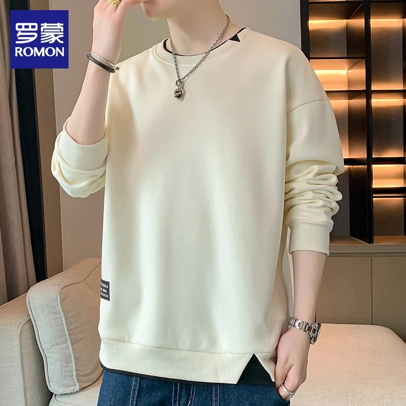 罗蒙男士春秋卫衣2025新款潮流宽松圆领假两件慵懒风打底衫男装